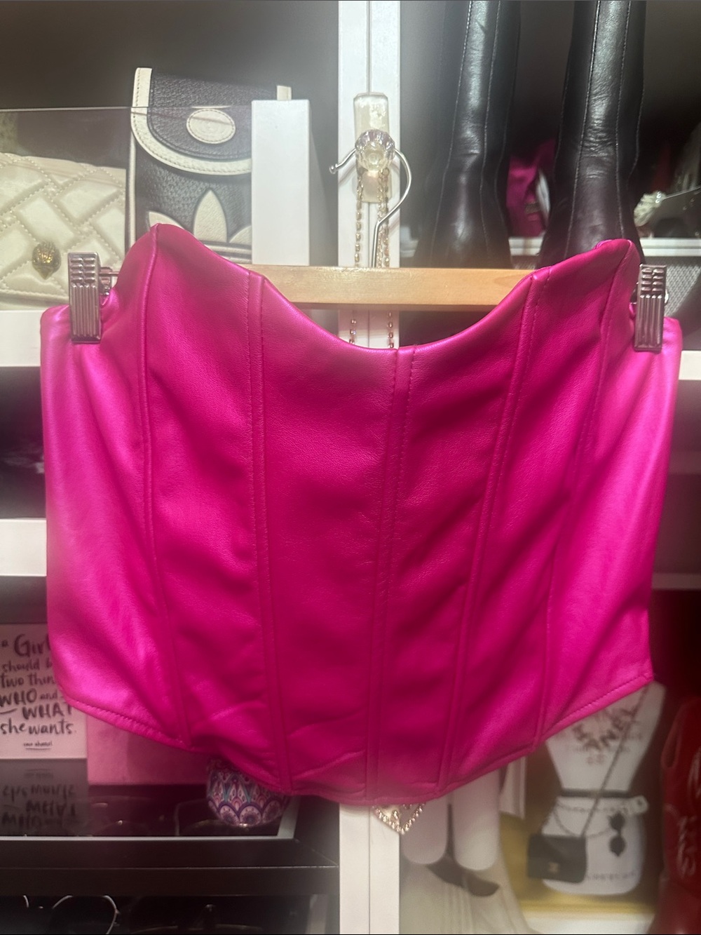 NWT Hot Pink Faux Leather Cropped Corset Top, Sz L